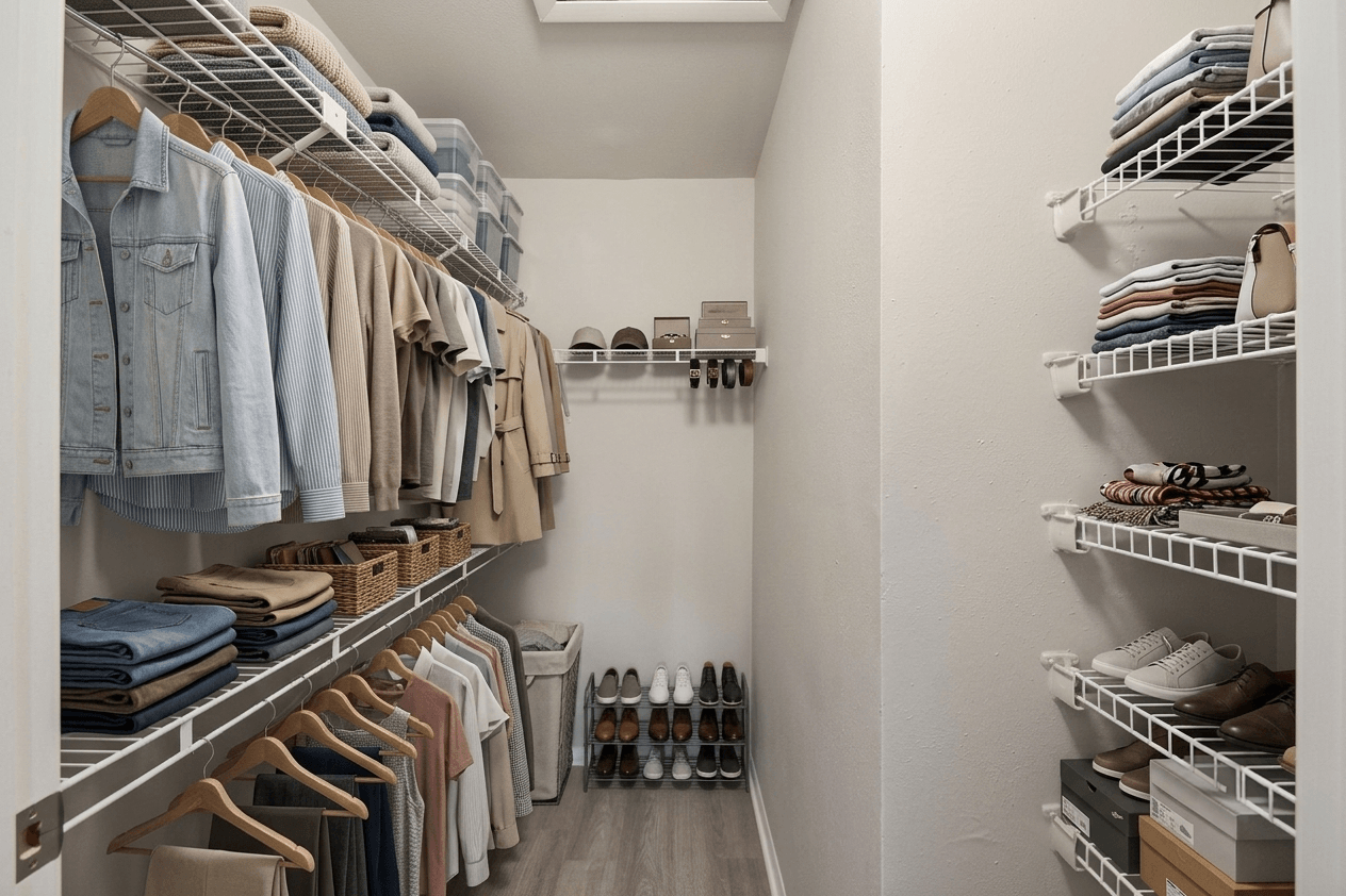 A walk-in closet with clothes and shoes neatly organized on shelves and hangers.